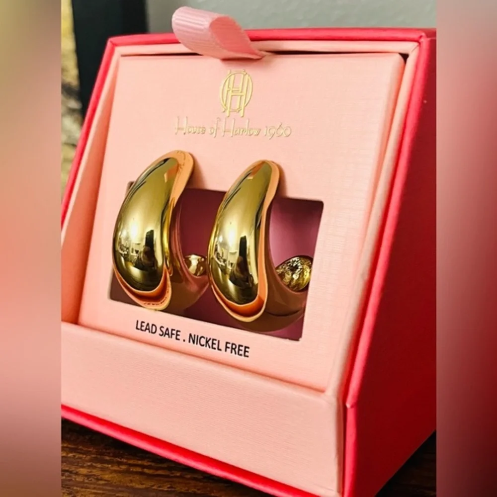 House of Harlow 1960 Gold Chunky Semi Hoop Earrings Large Statement NWT - Picture 1 of 3